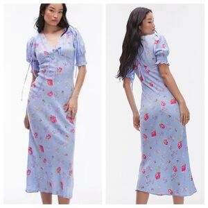 Topshop Blue Floral Midi Dress with V-Neck and Puff Sleeves Size 2